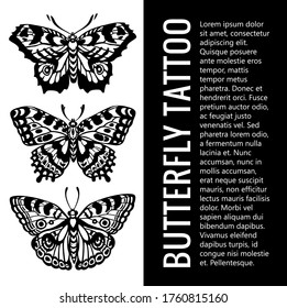 Set of Butterfly silhouettes . Tattoo butterfly. Tropical Butterflies. Mystical symbol of beautiful. Vintage illustration. It may be used for design of t-shirt, bag, cup, postcard, poster