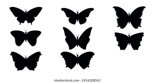 Set of butterfly silhouettes. Vector simple set of symmetrical black butterflies.