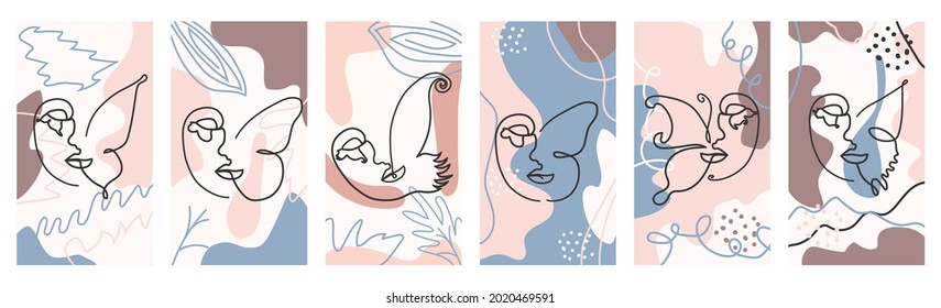 Set of butterfly Surreal Faces Continuous line, faces and hairstyle, fashion concept, woman beauty minimalist, illustration pretty sexy. Contemporary portrait