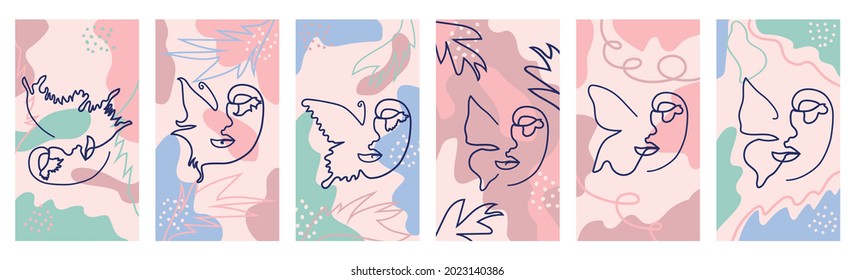 Juego de mariposa Rostros surrealistas línea continua, caras y peinado, concepto de moda, mujer belleza minimalista, ilustración bastante sexy. Retrato contemporáneo