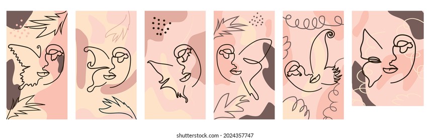 Set of butterfly Surreal Faces Continuous line, faces and hairstyle, fashion concept, woman beauty minimalist, illustration pretty sexy. Contemporary portrait