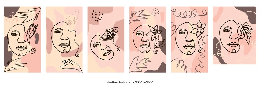 Set von Schmetterling Surreal Faces Kontinuierliche Linie, Gesichter und Frisur, Mode-Konzept, Frau Schönheit minimalistisch, Illustration ziemlich sexy. Zeitgenössisches Porträt