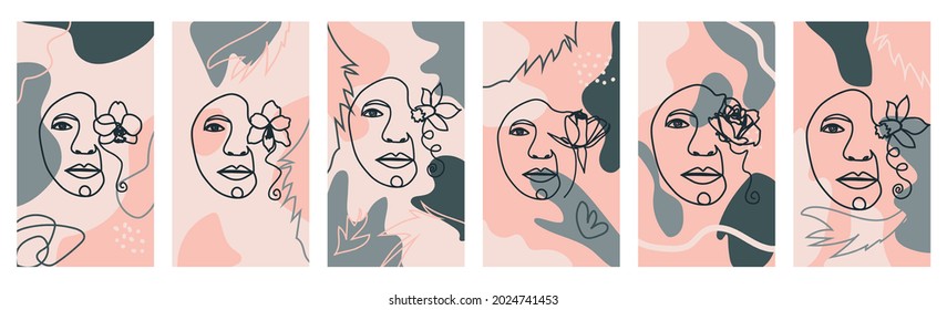 Juego de mariposa Rostros surrealistas línea continua, caras y peinado, concepto de moda, mujer belleza minimalista, ilustración bastante sexy. Retrato contemporáneo