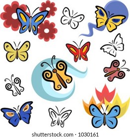 A set of butterfly vector icons in color, and black and white renderings.