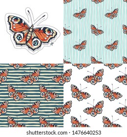 Set. Butterfly. Vector illustration of seamless patterns with insect