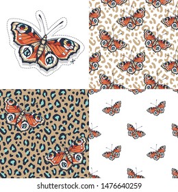 Set. Butterfly. Vector illustration of seamless patterns with insect