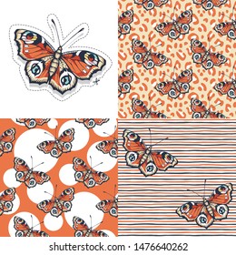 Set. Butterfly. Vector illustration of seamless patterns with insect