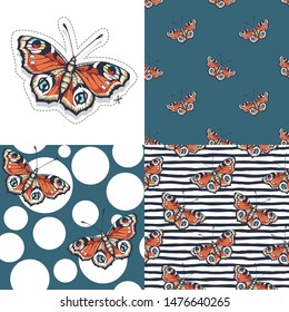 Set. Butterfly. Vector illustration of seamless patterns with insect