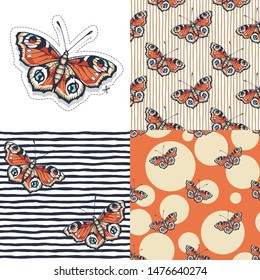 Set. Butterfly. Vector illustration of seamless patterns with insect