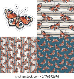Set. Butterfly. Vector illustration of seamless patterns with insect