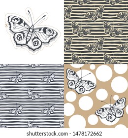 Set. Butterfly. Vector illustration of seamless patterns. 