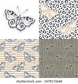 Set. Butterfly. Vector illustration of seamless patterns. 