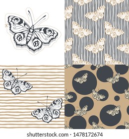 Set. Butterfly. Vector illustration of seamless patterns. 