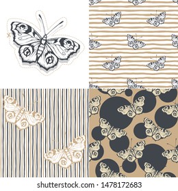 Set. Butterfly. Vector illustration of seamless patterns. 