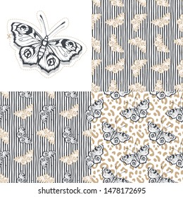 Set. Butterfly. Vector illustration of seamless patterns. 