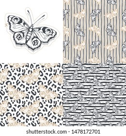 Set. Butterfly. Vector illustration of seamless patterns. 