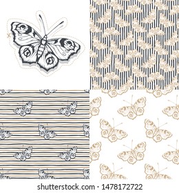 Set. Butterfly. Vector illustration of seamless patterns. 