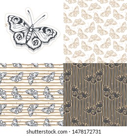Set. Butterfly. Vector illustration of seamless patterns. 