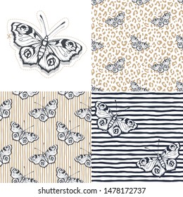 Set. Butterfly. Vector illustration of seamless patterns. 
