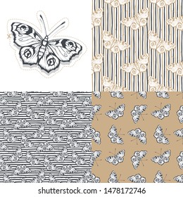 Set. Butterfly. Vector illustration of seamless patterns. 