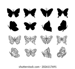 Set of butterfly vector illustrations. Silhouette and outline illustrations