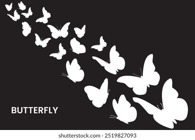 Set of  butterfly vector and silhouette on black background. Set of Butterfly icon, vector. Flying butterfly icon, symbol, vector set design for app, logo, website. Vector illustration.