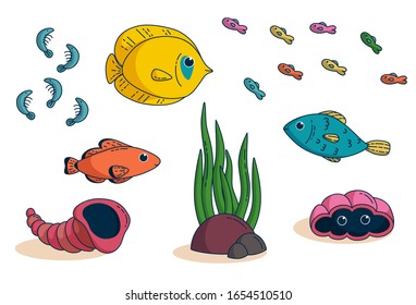 Set of butterflyfish, shells and other tropical species with stones and grass. Elemets for kids clothes and items design. Vector illustration in cute cartoon style