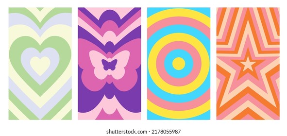 Set Of Butterfly,heart,star,cycle shape Geometric Abstract Backgrounds. Lovely Vibes Posters Design. Trendy Y2K Illustration.