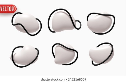 Set button banner. White Button Abstract liquid shapes with metallic outline Rings in a circle. Speech bubble icons. Template for Branding label. Vector illustration