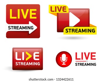 Set button - Live stream concept. Red symbol with play button for Online broadcast, TV program or bloggers. Vector illustration.