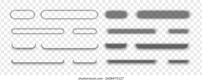 Set of button shadow effects. Different realistic soft shapes for online game interface. Rectangilar shades with round edges isolated on transparent background. Vector realistic illustration.