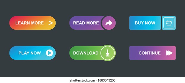 Set of button for website design on dark grey background. Different colors of elements and gradient. Web icons. Vector
