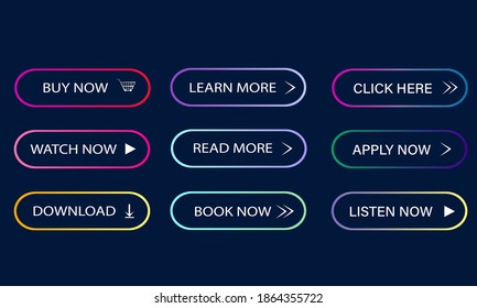 Set of buttons for applications. Vector image, modern style, user interface. Download, learn more, buy now. Colorful icons for website. Gradient strokes on a dark background.
