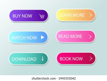 Set of buttons for applications. Vector image. Web site user interface. Download, find out more, buy now. Colorful icons for website. Gradient fill.
