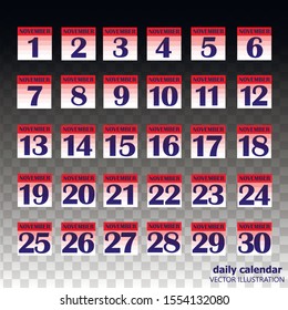 Set of buttons with calendar dates for the month of November. For planning important days. Banners for holidays and special days. Vector Illustration with transparent background.