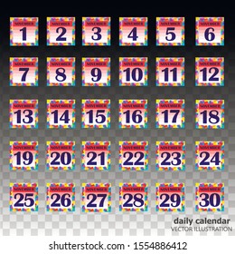Set of buttons with calendar dates for the month of November. For planning important days. Banners for holidays and special days. Vector Illustration with transparent background.