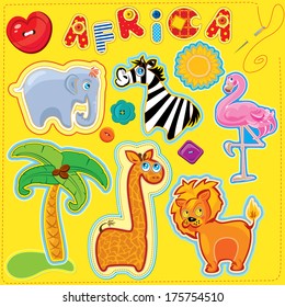 Set Of Buttons, Cartoon Animals And Word AFRICA - Hand Made Cutout Images And Letters - Picture For Children