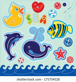 Set of buttons, cartoon animals and word SEA - hand made cutout images and letters - picture for children