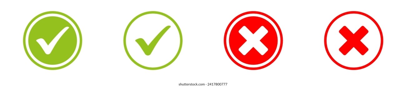 Juego de botones con icono de marca de verificación. sí o no hay iconos de marca de verificación en marca verde y cruz roja. Icono de marca de verificación cruzada. Conjunto de iconos de marca de verificación.