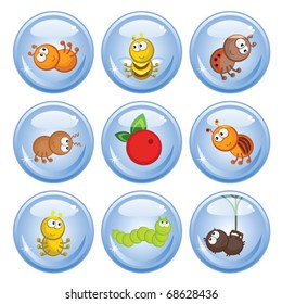 A set of buttons. Cheerful comical insects in different poses. Isolated. Icons.