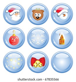 A set of buttons. Comical Christmas images. Isolated. Santa Claus, reindeer, a snowman.