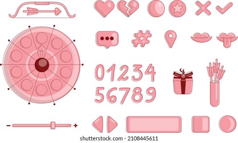 A set of buttons for the design of games and applications. UI love game. Valentine's Day.