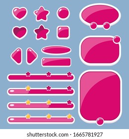 Set of buttons of different shapes, windows and progress bars for the design of the user interface of mobile games and applications.