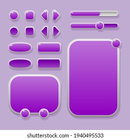 Set of buttons of different shapes, windows and progress bars for the design of the user interface of mobile games and applications.