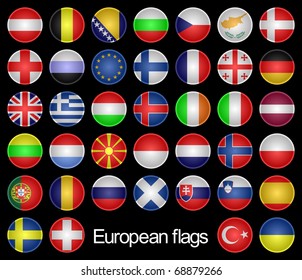 Set of the Buttons as Flags of the European countries on a Black Background.Marks are located in Alphabetical Order. European Flags.