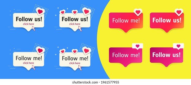 Set of Buttons. Follow me. Follow us. Eight buttons on a blue-yellow background. Vector illustration.