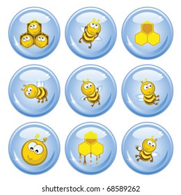 A set of buttons. Funny bees, honeycombs and honey.Comical images.