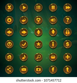 Set buttons for game user interface on green background. Vector illustration images to the computer game Shadowy forest GUI to create buttons, banners, graphic elements.