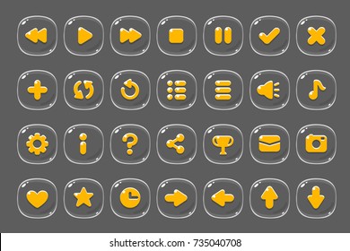 Set of buttons for games, applications and websites. Cute cartoon buttons design. Isolated vector.