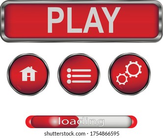 A set of buttons for games in a glass shell. Color red, gray. Game objects, house, options, achievements, loading scale.